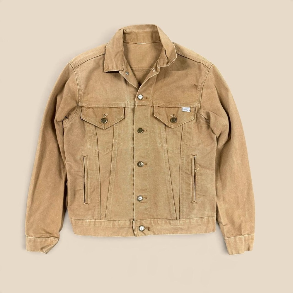 Vintage 80s Carhartt 100 Year Anniversary Trucker Jacket Tan Duck Canvas S/XS